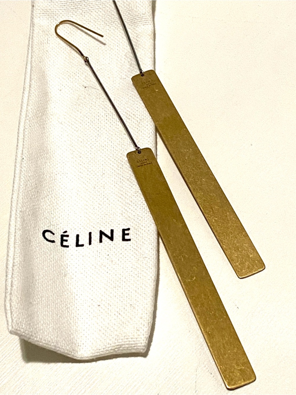 Celine Gold Long Rectangular Drop Earrings - Picture 2 of 8